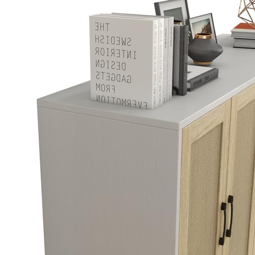 Panana Buffet Storage Cabinet - Rattan Decorated Living Room & Kitchen Sideboard Accent Cabinet (123(W) x 38(D) x 88(H) cm, White) - Image 9