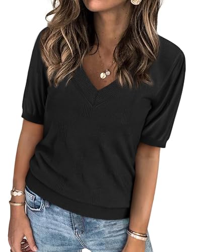 ATHMILE Short Sleeve V Neck Sweaters Dressy Casual Blouses Lightweight Thin Knit Fashion Shirts Summer Tops for Women - Main Image