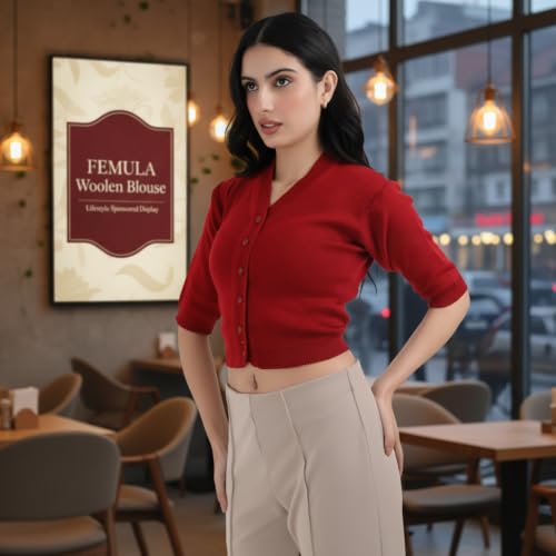 Image of Women Winter Wear V-Neck Half Sleeves Regular Fit Woollen Blouse