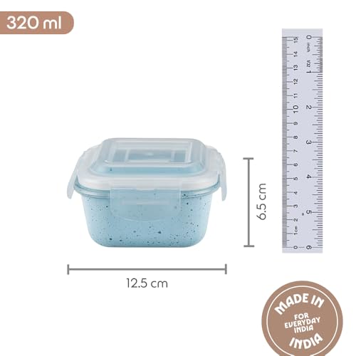 Image of Borosil 320 ml Blue Food Storage Container with Air Tight Lid | Square Shape Borosilicate Glass Organiser | Microwave & Dishwasher Safe | For Fridge, Kitchen Storage