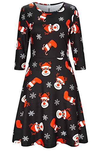 AIDEAONE Frauen Weihnachtskleid 3/4 Ärmel Midi Weich Kleid Weihnachtsmann Druck,M