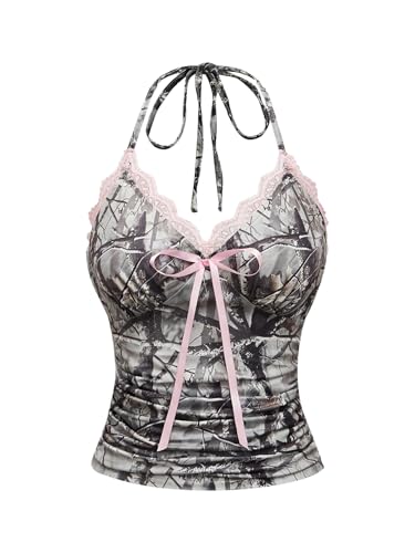 Women's Camo Print Halter Tops Y2k Lace Tie Backless Fitted Crop Tops
