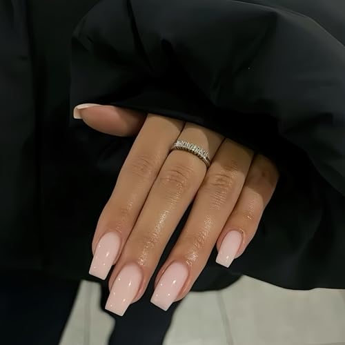 KQueenest Dusty Pink Long Medium Press on Nails Coffin Nails Press Ons Pale Glossy Gel Full Cover Long Fake Nails For Women, Thick Square Tip Nails Acrylic Nails Set, 24 Pcs