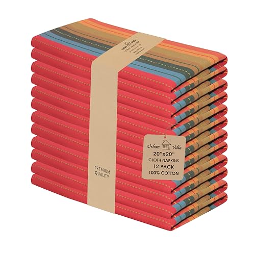 Urban Villa Cloth Napkins Cuisine Stripes 100% Cotton Absorbent Dinner Napkins Set of 12 20x20 Inches Red Multi Color Soft Durable Washable and Reusable Ideal for Everyday Use Wedding Parties Napkins
