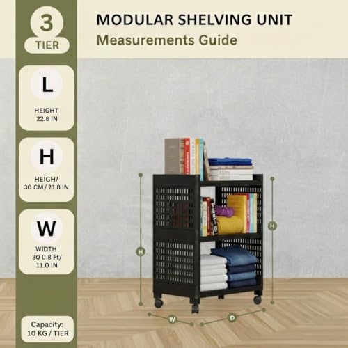 Image of SUBEKYU 3 Shelves Multi-Purpose Organizer | Modular Storage Box for Clothes, Kitchen, Bathroom & Living Room, Space-Saving Wardrobe Closet Cabinet, Set of 1, Black