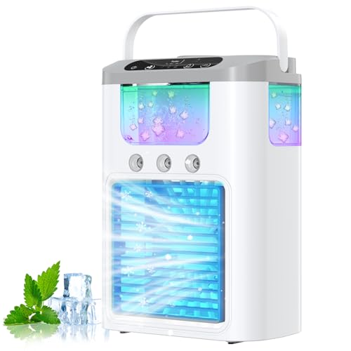 Mini Climatiseur, 3 en 1 Rafraîchisseur d'air Portable, Ventilateur de Bureau et Humidificateur, Rafraîchisseur d'air Évaporatif, 7 Couleurs d'éclairage,...