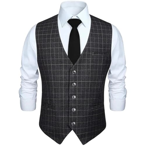 Men's Cotton Plaid Vest Slim Fit Formal Waistcoat Wedding Business Party Retro V-Neck Top2