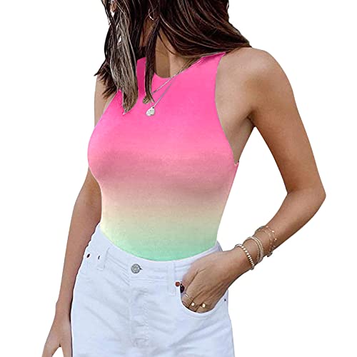 Lnmuld Plus Size Jumpsuits For Women Women Sexy Sleeveless Tight Round Neck Sleeveless Tank Top Gradient Print Jumpsuit Sky Blue #TOP2