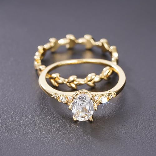 2pcs/set Gold Plated Cubic Zirconia Inlaid Wheat Leaf Design Stackable Engagement Ring Set Wedding Bridal Band Promise Rings Evening Parties Anniversary Valentine's Day Gifts Eternity Bands for Women