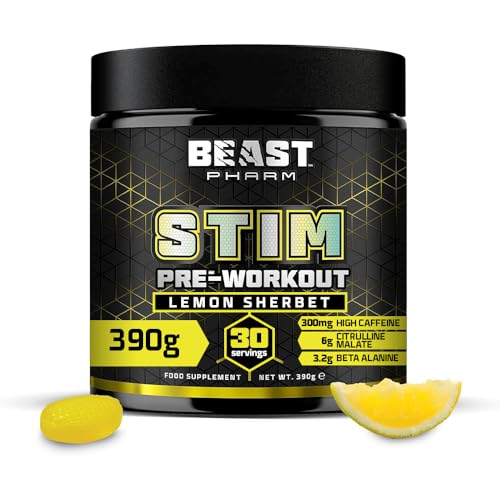 Beast Stim Pre Workout Powder - 30 Servings - Gym Supplements for Men and Women 390g - Beta Alanine Preworkout - Lemon Sherbet