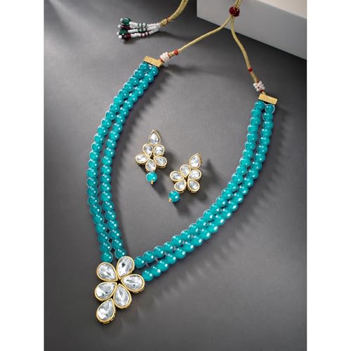 Image of Peora Crystal Faux Pearl Kundan Necklace & Jewellery Set Gift for Women