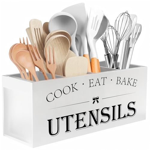 Image of Suli Extra Large Kitchen Utensils Holder with 4 Compartments, Wooden Utensil Organizer for Countertop, Farmhouse Kitchen Decor, Rustic Cooking Utensil - White