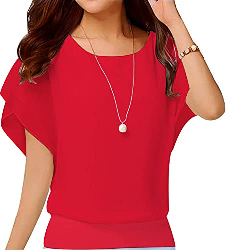 Yommay Chemisiers d'été élégants et décontractés en mousseline de soie pour femme T-shirts à manches courtes, rouge vif, L Yommay Chemisiers d'été élégants et décontractés en mousseline de soie pour femme T-shirts à manches courtes, rouge vif, L
