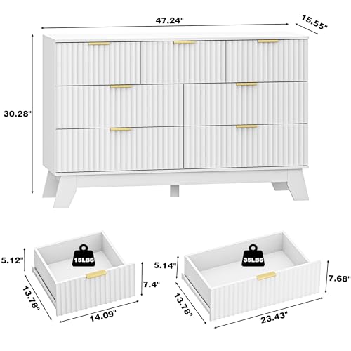 Image of HUANLEGO 48 inch W Fluted Dresser for Bedroom with 7 Drawers, White | Mid Century Modern Dressers & Chest of Drawers, Boho Dresser for Closet, 7 Drawer Storage TV Stand for Bedroom