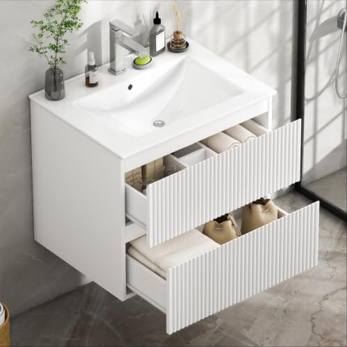 Wumagin Ensemble Meuble Salle de Bain 60 cm Complet, Meuble Suspendu avec Vasque Céramique pour Petite Salle de Bain et WC Invités, Blanc