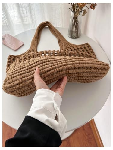 Bolsos tote tejidos a mano para mujer, estilo bohemio, con detalles huecos y asas superiores, color marrón miniatura 2