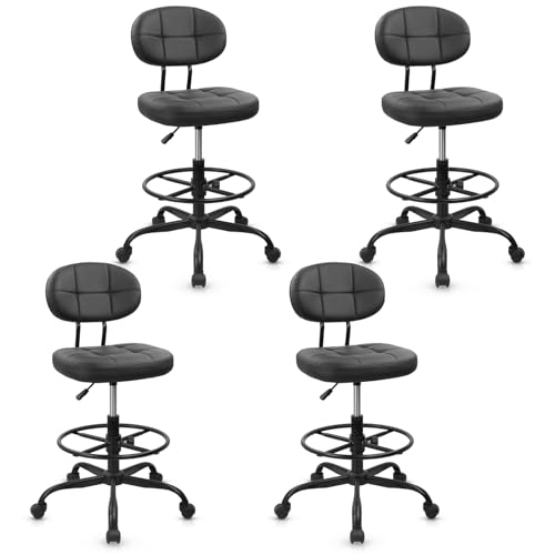 Image of KLASIKA Leather Drafting Stool Chair with Ergonomic Backrest & Footrest, Adjustable Height 360 Swivel Rolling Stools, Tall Padded Seat Office Chair for Standing Desk, Shop, Drawing, Black, 4 Pack