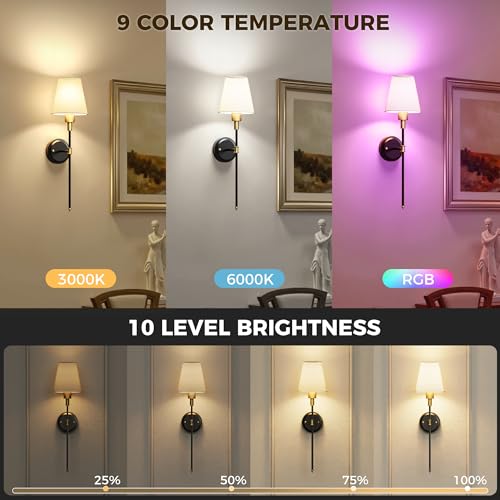 Image of DORESshop Battery Operated Wall Sconce Set of 2, Wireless Wall Light Easy to Install, 7 Color Rechargeable Wall Sconces, Sconce Wall Decor Set of 2 for Bedroom, Living Room, Gold and Black, 24.6in