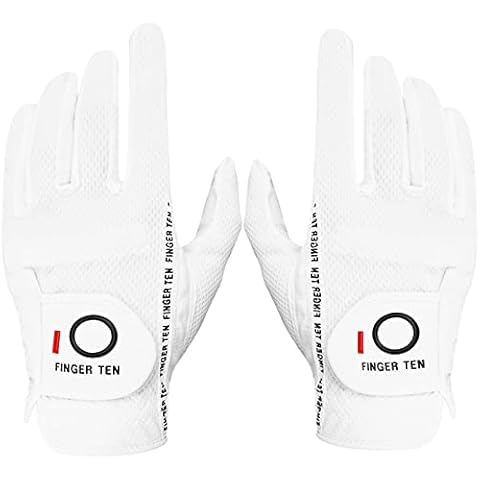 FINGER TEN Men's Golf Gloves Rain Grip Both Hands Pair Left Right Hand, Hot Wet Weather No Sweat Black Gray White Blue Fit Size Small Medium Large XL 2XL 3XL (White, Large) Cover
