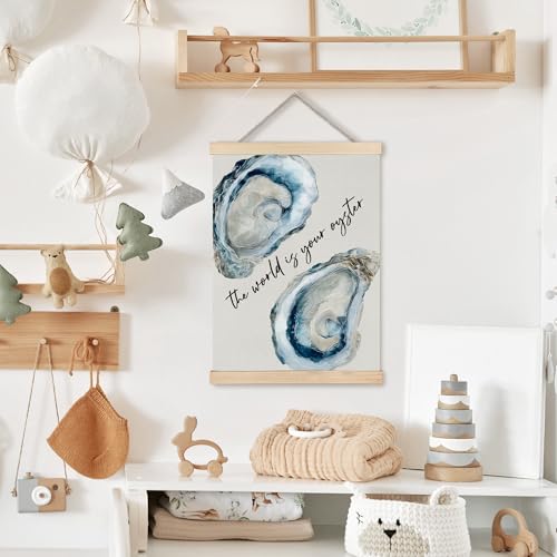 Image of PQKIY Coastal Beach Oyster Shell Wall Art Poster Hanger Frame 12x16 in, World Is Your Oyster Inspirational Ocean Wall Decor Canvas Prints for Beach Home Living Room Bedroom
