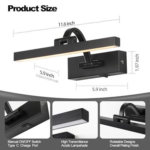 Image of LED Wireless Picture Light with Remote Control,USB Rechargeable Battery Powered Art Lights,Dimmable,Timing,Black Wall Lights for Paintings,Picture Frame,Gallery(Black, 11.62inch)
