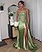 Silver Satin Prom Dresses Long with Slit Appliques Satin Pleated Mermaid Formal Gown Spaghetti Straps Prom Dress Size 12