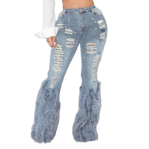 Unybwonn Women Ripped Pearl Bell Bottom Jeans Feather Fluffy Straight Leg Stretch Distressed Flared Denim Pants