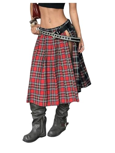 MakeMeChic Women's Plaid Skirt Asymmetrical Low Waist Pleated Split Y2k Midi Skirts