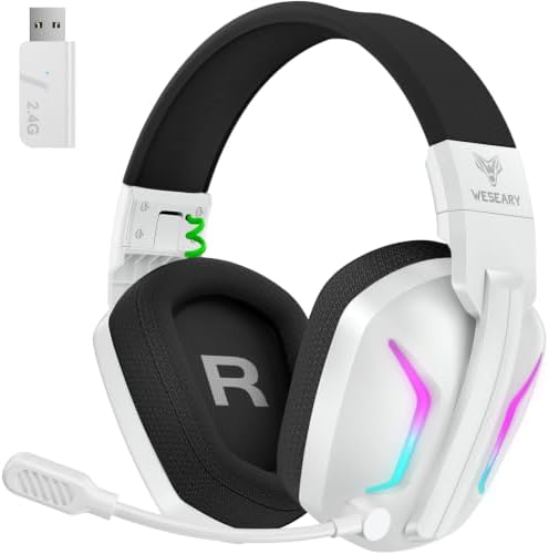 WESEARY Gaming Headset Wireless mit Mikrofon für PS5, PS4, PC, Switch, Smartphone, Mac, Laptop, 2,4 GHz & Bluetooth Kopfhörer mit Noise Cancelling Mikrofon, 50H Akku, LED-Licht, Surround Sound