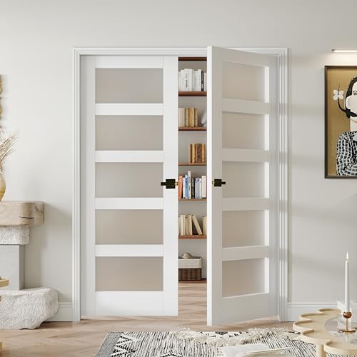 Image of 36 inch x 80 inch Interior Door, 5-Lite Frosted Glass Pantry Door with Black Door Lever, Single Slab Door Panel for Closet & Bedroom, Classic Style as Prehung, Pocket, Bifold Doors, Assembly Required