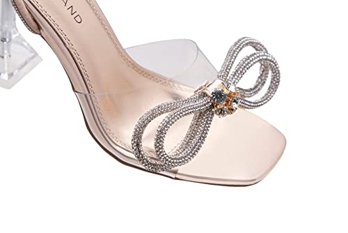 Shoe Land Sl-Naomi Women's Open Toe Open Back Stiletto Heel Dress Shoes Perspex Vamp With Bow Sandals Clearrosegold 9.0 #TOP3