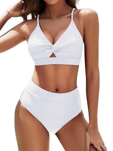 Sucrefas Womens High Waisted Bikini Set Two Piece Twist Knot Swimsuit Criss Cross Bathing Suit White S