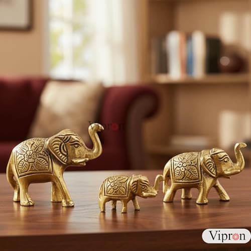 Image of Set of 3 Metal Trunk Up Elephant Statues - Brass Finish Feng Shui & Vastu Lucky Figurines for Home Office Decor - Symbol of Good Luck, Prosperity, and Positive Energy