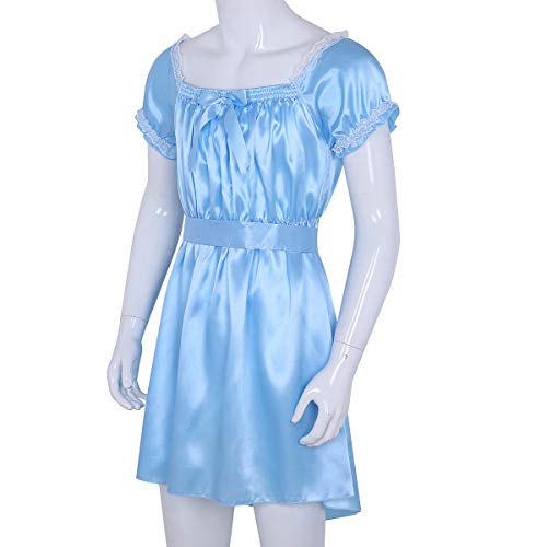 Yanarno Men's Satin Frilly Scoop Neck Sissy Dress Cross Dresser Lingerie Pajamas Nightwear Costume Blue Large - Image 3