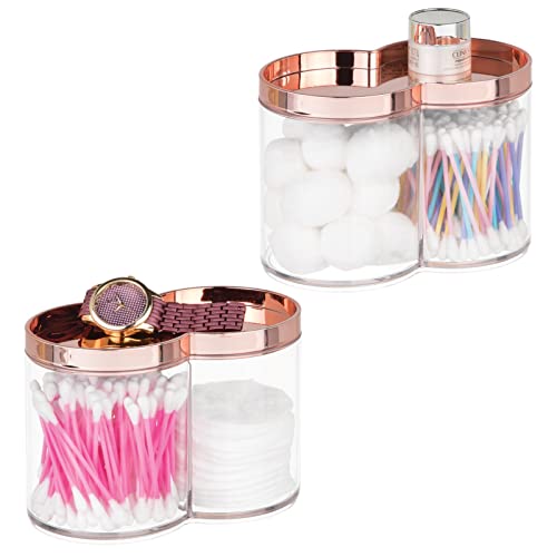 mDesign Plastic Canister Jar Organizer Set with Storage Lid - Home Decor Holder for Bathroom/Restroom Vanity Countertop - Holds Cotton Balls, Soap - Lumiere Collection - 2 Pack - Clear/Rose Gold