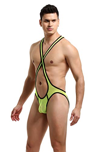 4UFiT Mens Mesh Wrestling Singlet Jockstrap Bodysuit Active Underwear Yellow