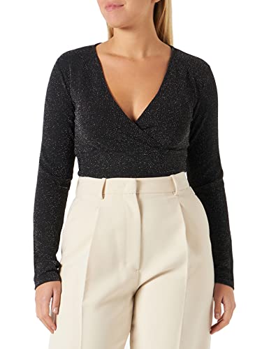 PIECES Pclina LS Cropped V-Neck Top Camiseta de Manga Larga, Negro, S para Mujer