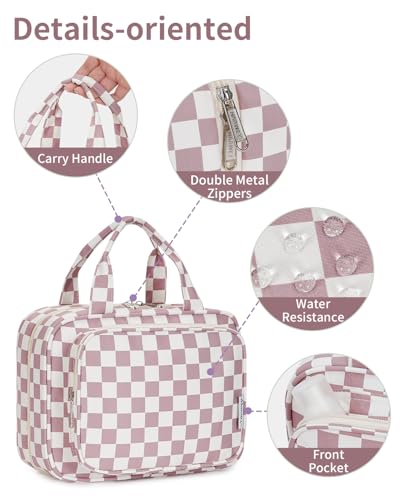 Image of Narwey Large Hanging Toiletry Bag Travel Makeup Bag Cosmetic Organizer for Women and Girls, Z-Dusty Rose Checkerboard, Medium