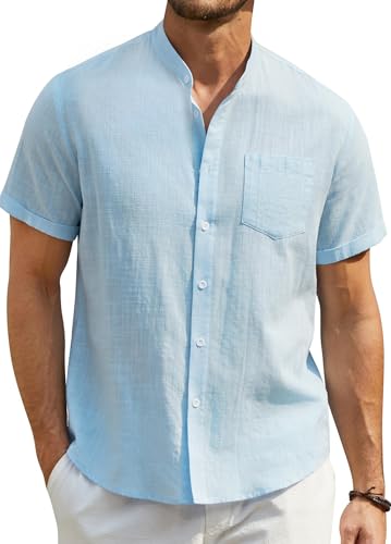 Enlision Camisa Lino Hombre Manga Corta Verano Camisas para Hombre Azul Claro Casual Cuello Mao Henley Shirt Lino Algodón de Color Sólido con Botónes Top de Playa Vacaciones 3XL