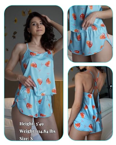 Image of Ekouaer Silk Pajamas Set for Women Satin Backless Lingerie Pjs Cami Top and Shorts Nightwear