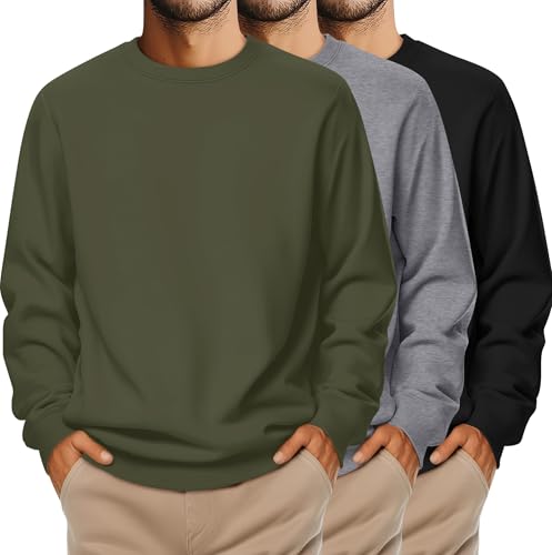 3 Packs Mens Big and Tall Sweatshirts Long Sleeve Crew Neck Pullover Shirts Lightweight Casual Basic Tops