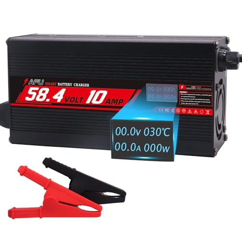 58.4V 10A Charger 48V LiFePO4 Battery Charger with OLED Charging Display for 16S 48V LiFePO4 Battery Pack Smart Charger (DC Alligator Clip Connector)