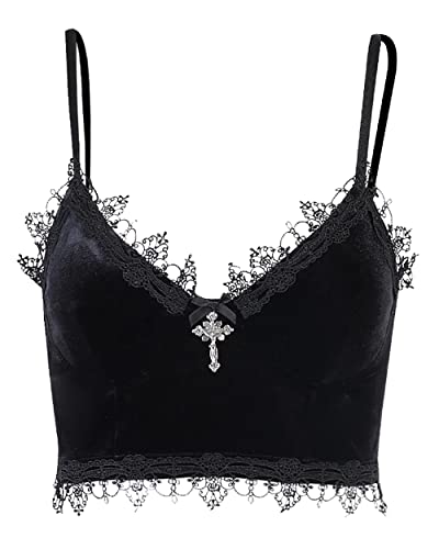 Gothic Print Cropped Tank Top Lace Short-Sleeve Top Lace Trim Camisole Top Lace Camisole Top Spaghetti Strap Mesh Crop Top