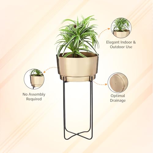 Image of amazon basics Planter Flower Pot with Stand | for Home Decor | (Medium) (Antique Gold and Copper Finish)