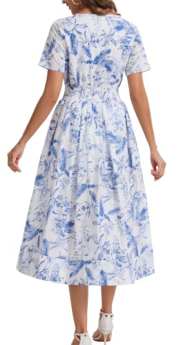 Image of Kormei Women Casual Boho V Neck 3 /4 Sleeve Smocked Waist A Line Flowy Swing Midi Dress Smocked Long Dress