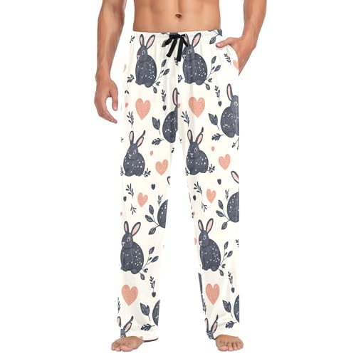 Cute Rabbit Black Heart Men's Pajama Pants Lightweight Sleepwear Bottom Lounge Pants