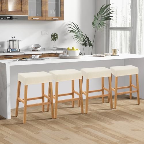 Image of YISUN Stool Covers Rectangle - 4 Pack Stretch Waterproof Saddle Seat Cover Counter Bar Stools Bar Chairs Covers Kitchen Island Chairs Cushion Protector (4, Beige)