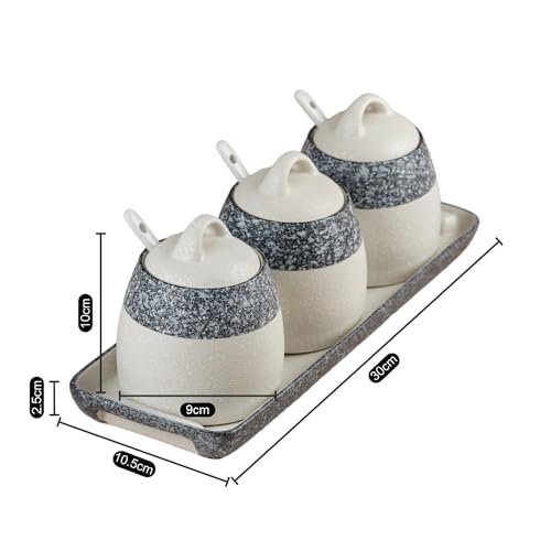 Image of SASASA Ceramic Condiment Jars and Containers Set of 3 with Tray and Spoon for Kitchen Food Storage, Used for Spices, Sauce Servers, Pickle, Vinegar, Sugar (280ml each) Grey (10678)
