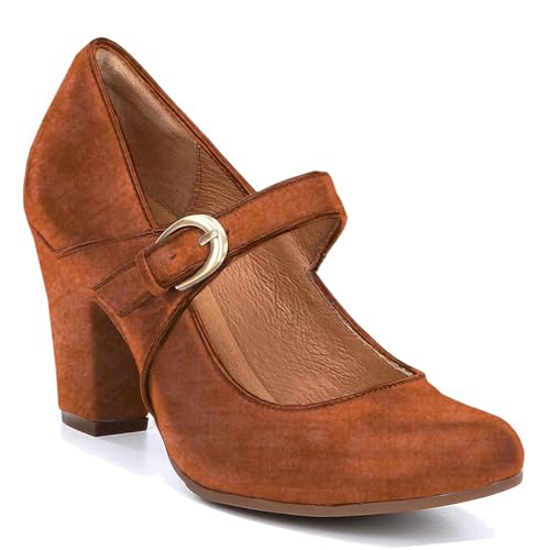 Image of SHODENSE Women Vintage Chunky High Heel Mary Jane Shoes Round Closed Toe Ankle Strap Dress Sandals 3 inch Block Heels Mary Jane Lolita Pumps Two-Toned Patchwork Buckle Office Lady Wedding Retro 4-11 M US