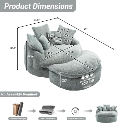 Image of 54 inch Round Chaise Lounge with Ottoman Big Bean Bag Round Sofa Bed Oversized Round Couch Boneless Reading Chair Comfy Plush Chenille Large Chaise Chair for Living Room, Apartment, Blue Gray